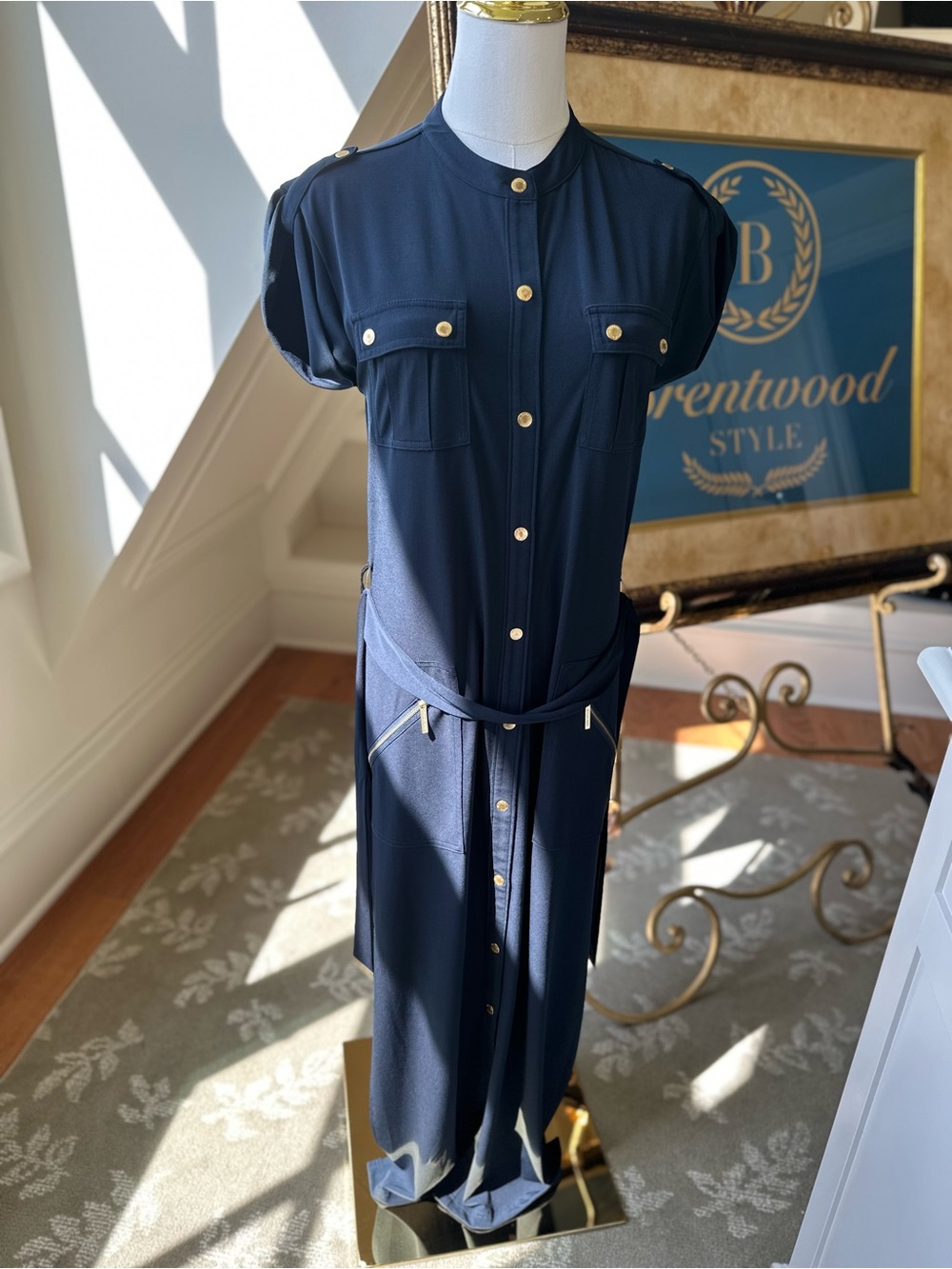 Michael Kors Navy Button-Front Belted Maxi dress sz S